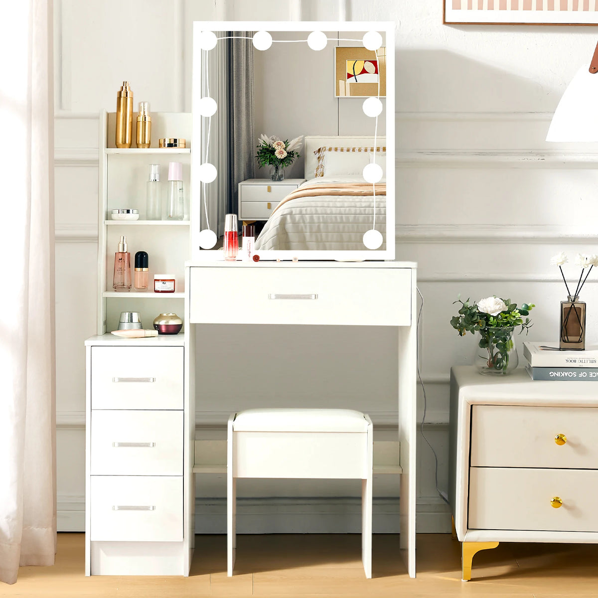 Led Vanity Table Sliding Mirror White Makeup Desk