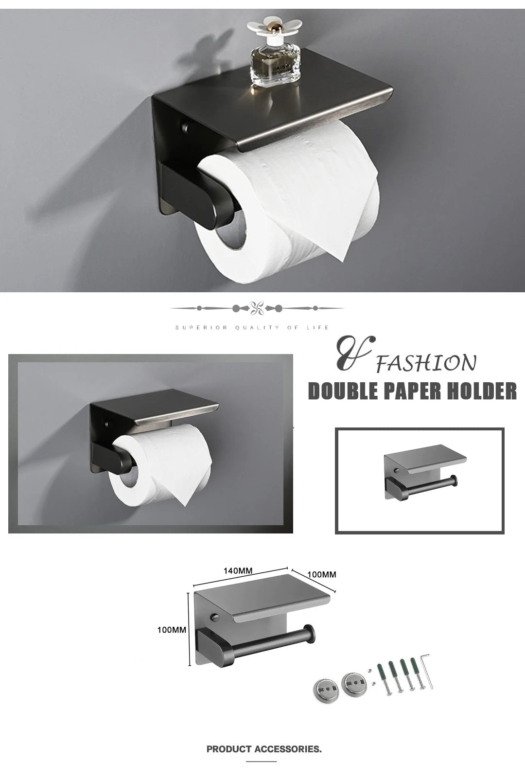 Grey Bathroom Hardware Kit Stainless Steel Round Wall