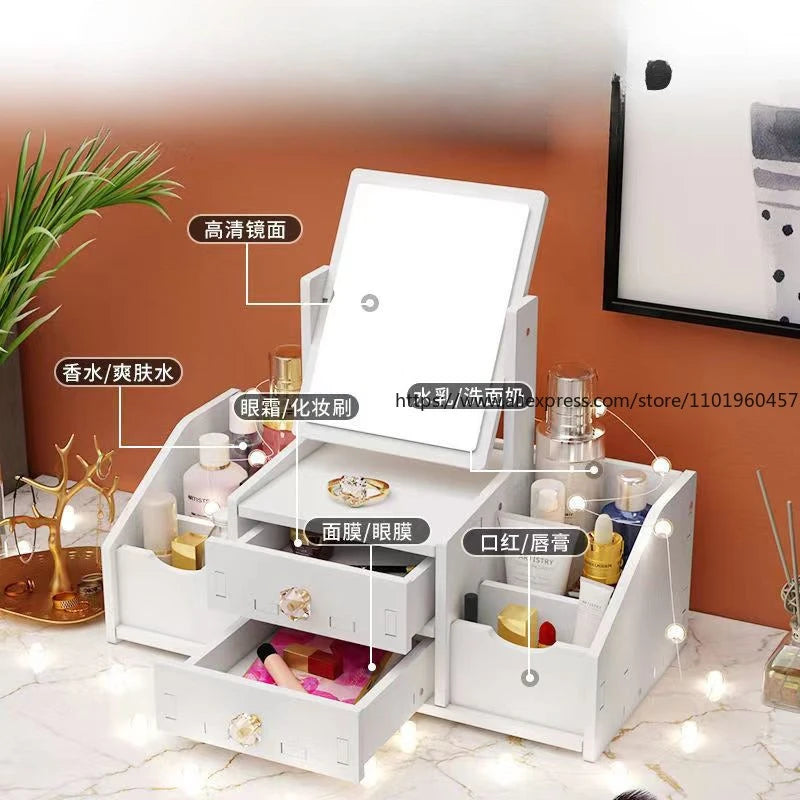 Desktop Drawer-Type Vanity Mirror Storage Box Round Makeup