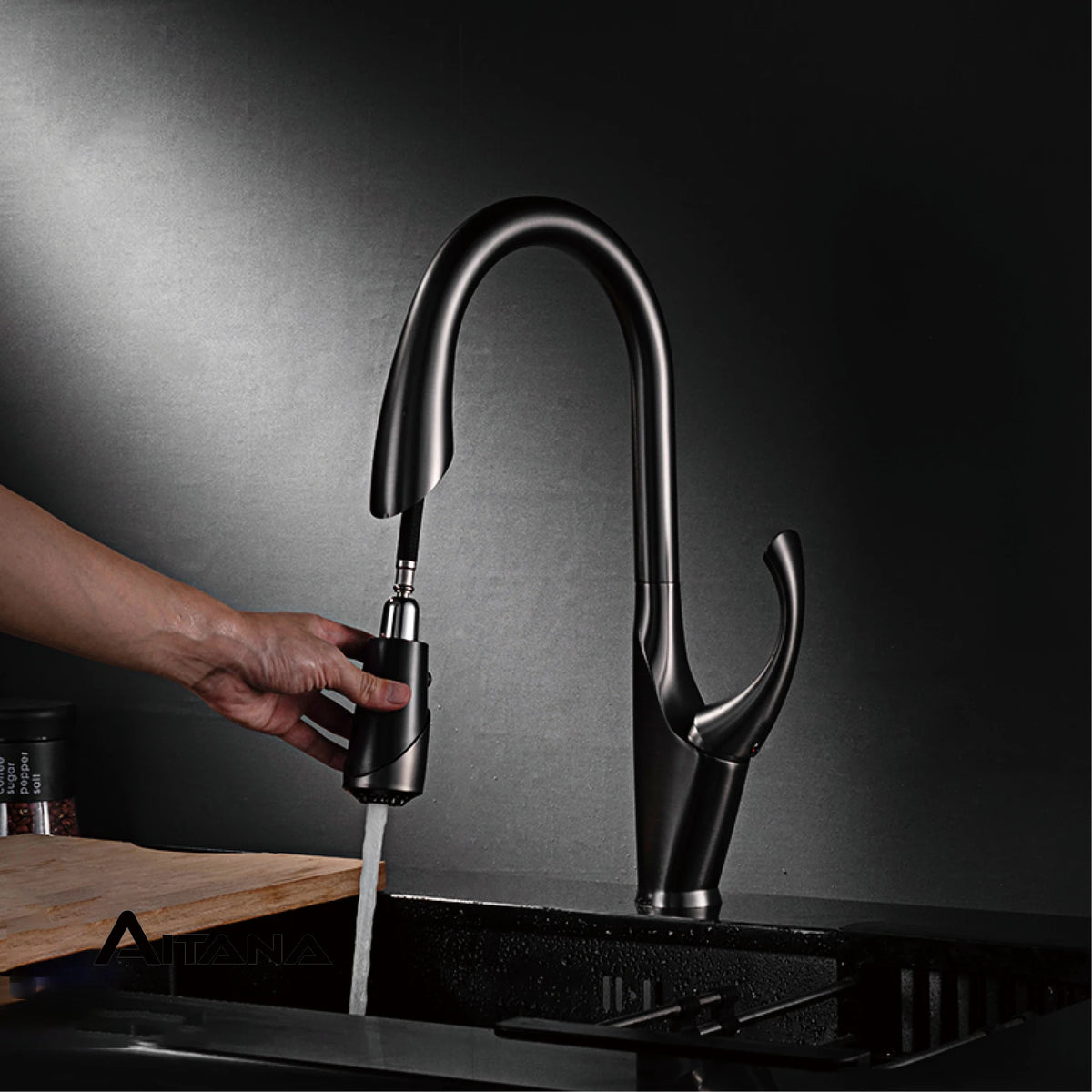 High-End Touch Black Faucet Brass Pull-Out Design Three-Function