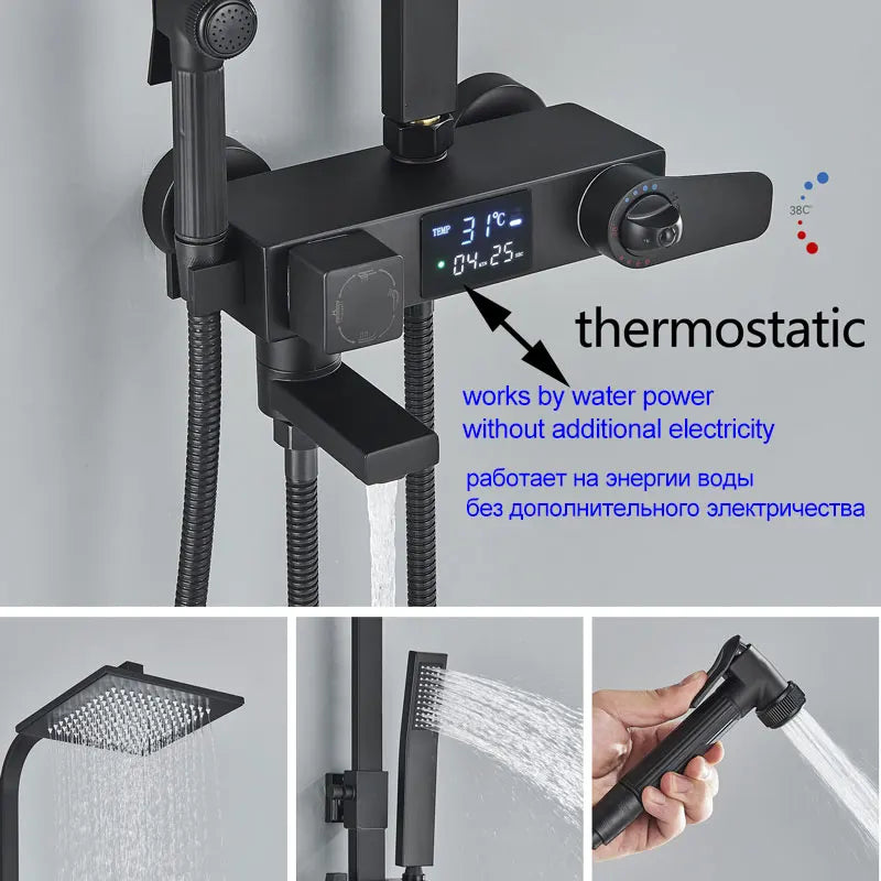 Black Thermostatic Shower Faucets Digital Display Screen Cold