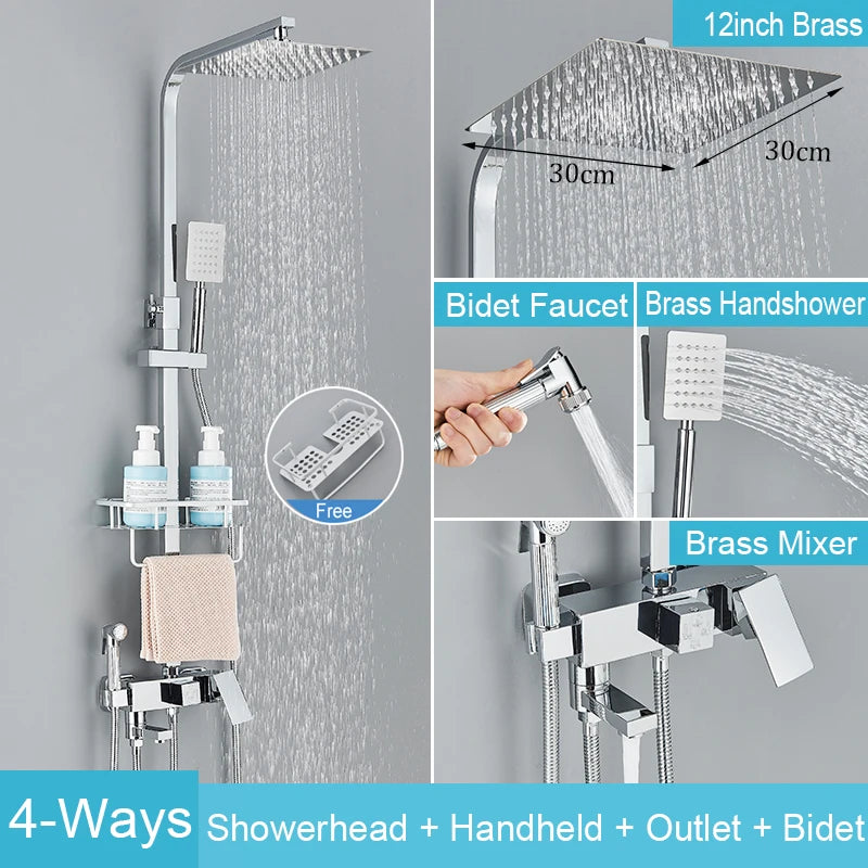 Black Brass Shower Faucet Rainfall Bathtub Tap Bathroom