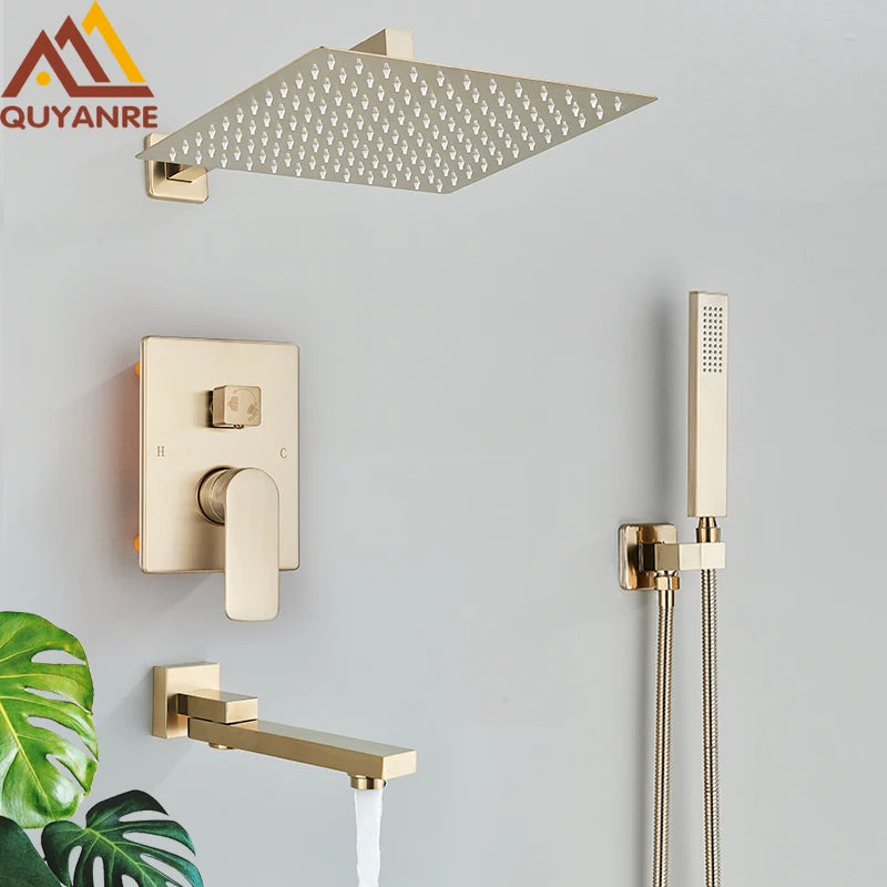 Quyanre Brushed Gold Shower Faucets Bathroom Wall Mounted