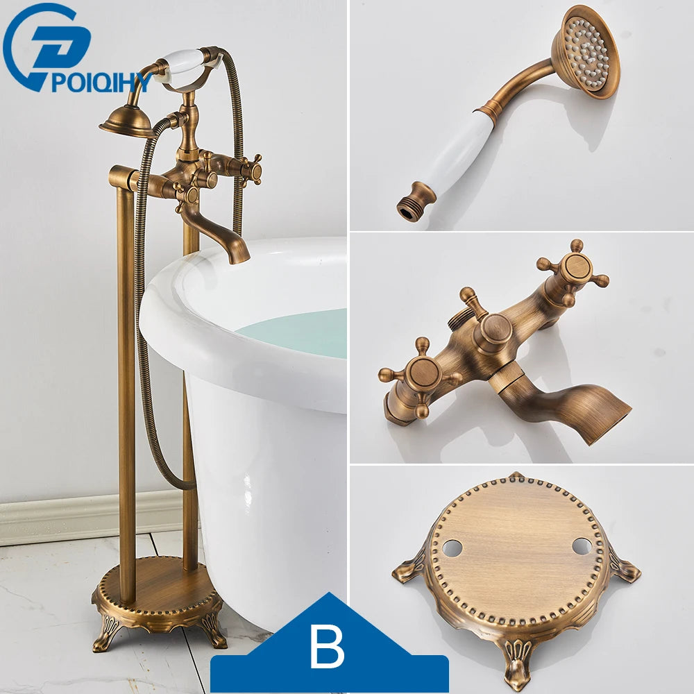 Antique Brass Floor Mounted Bathtub Shower Faucet Dual