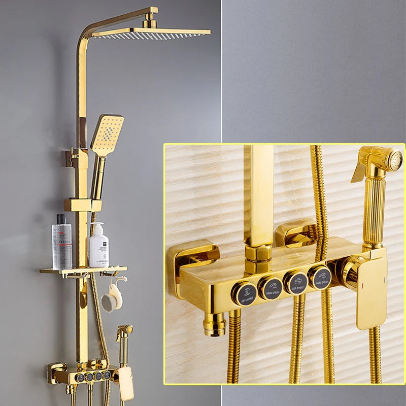 Luxury Thermostatic Bathroom Shower System White Gold Brass