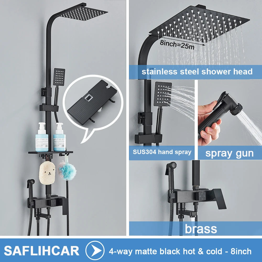 Black/Chrome Brass Shower Faucets Rainfall Shower Shelf Cold