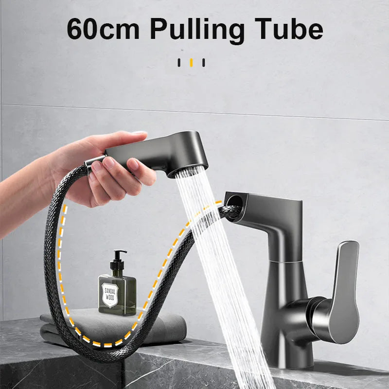 Dual-Function Pull-Down Bathroom Sink Faucet Adjustable Height