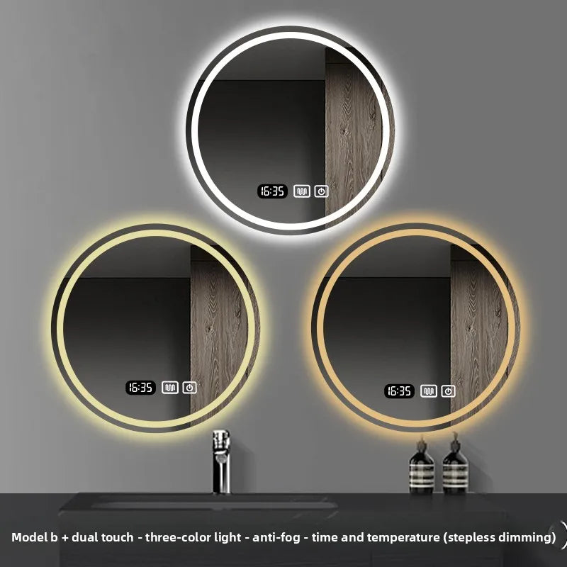Round Smart Bathroom Mirror Wall-Mounted Led Light Touch