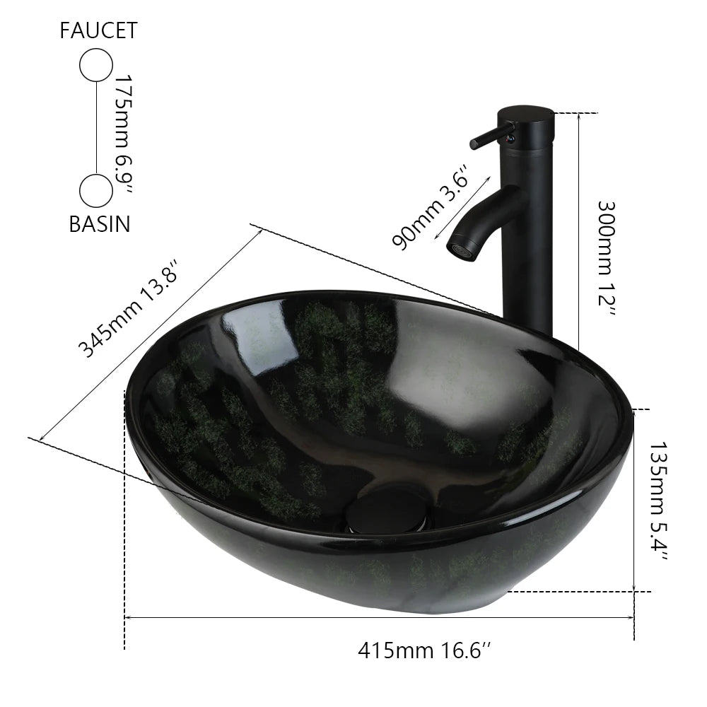Kemaidi Oval Vessel Sink Faucet White Marbling Bathroom