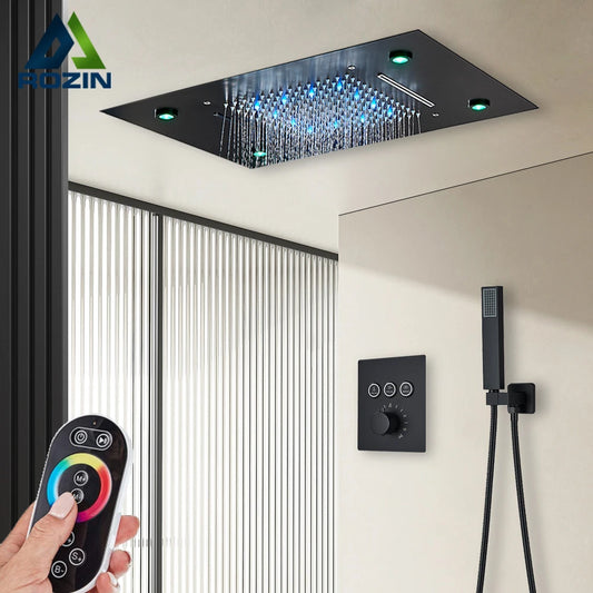 Black Thermostatic Bathroom Shower Faucet Remote Led Rainfall