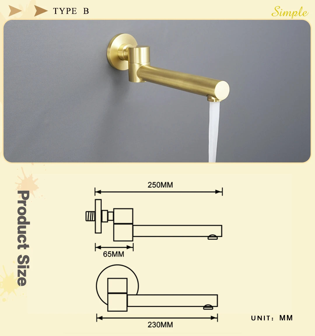 Brass Brushed Gold Mixer Faucet Wall-Mounted Round Square