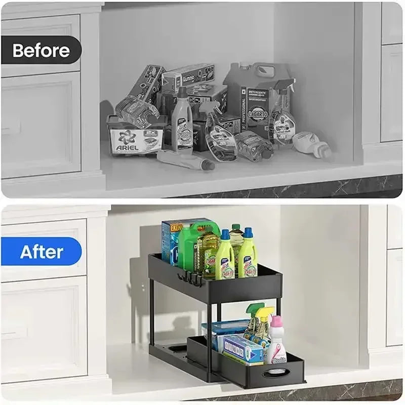 Tier Under Sink Organizer Sliding Storage Rack Hooks
