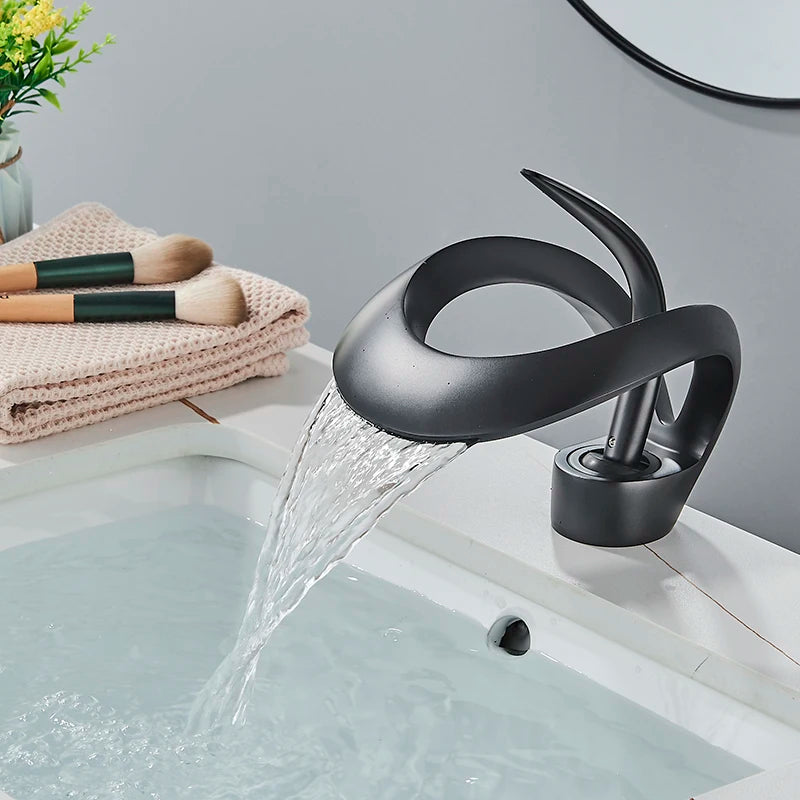 Black Bathroom Basin Taps Handle Waterfall Faucet Solid