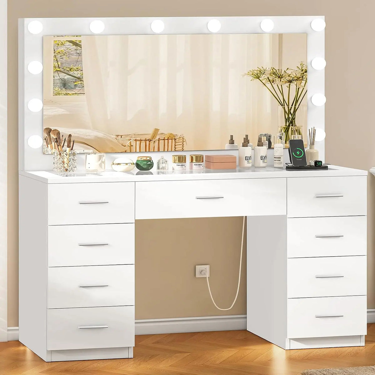 46 Vanity Desk Glass Top & Lights Mirror