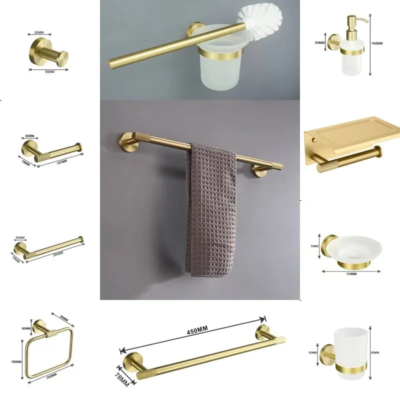 Bathroom Hardware Brushed Gold Knurled Brass Kit Towel
