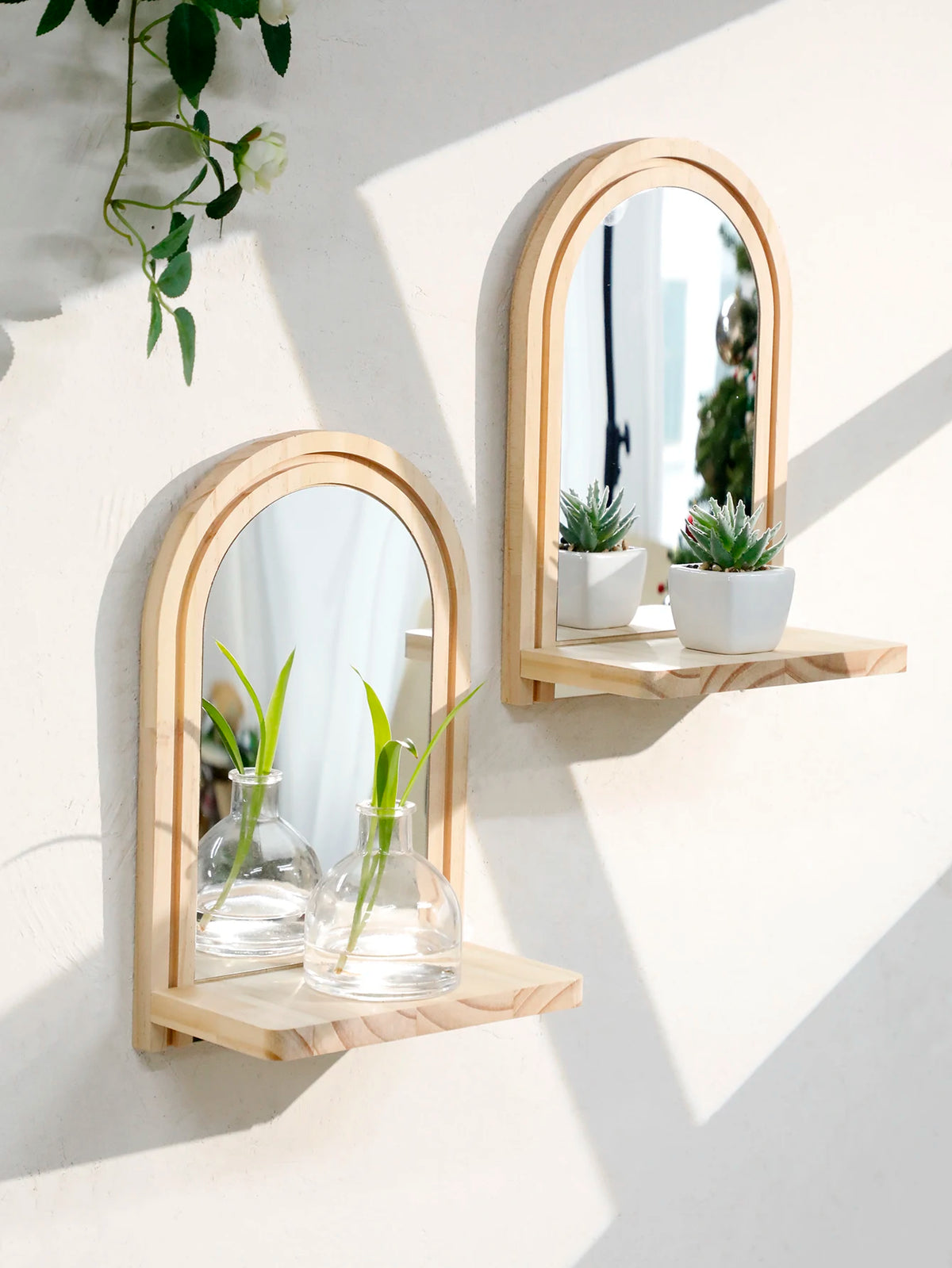 Arched Wall Mirror Shelf Natural Wood Hanging Mirror