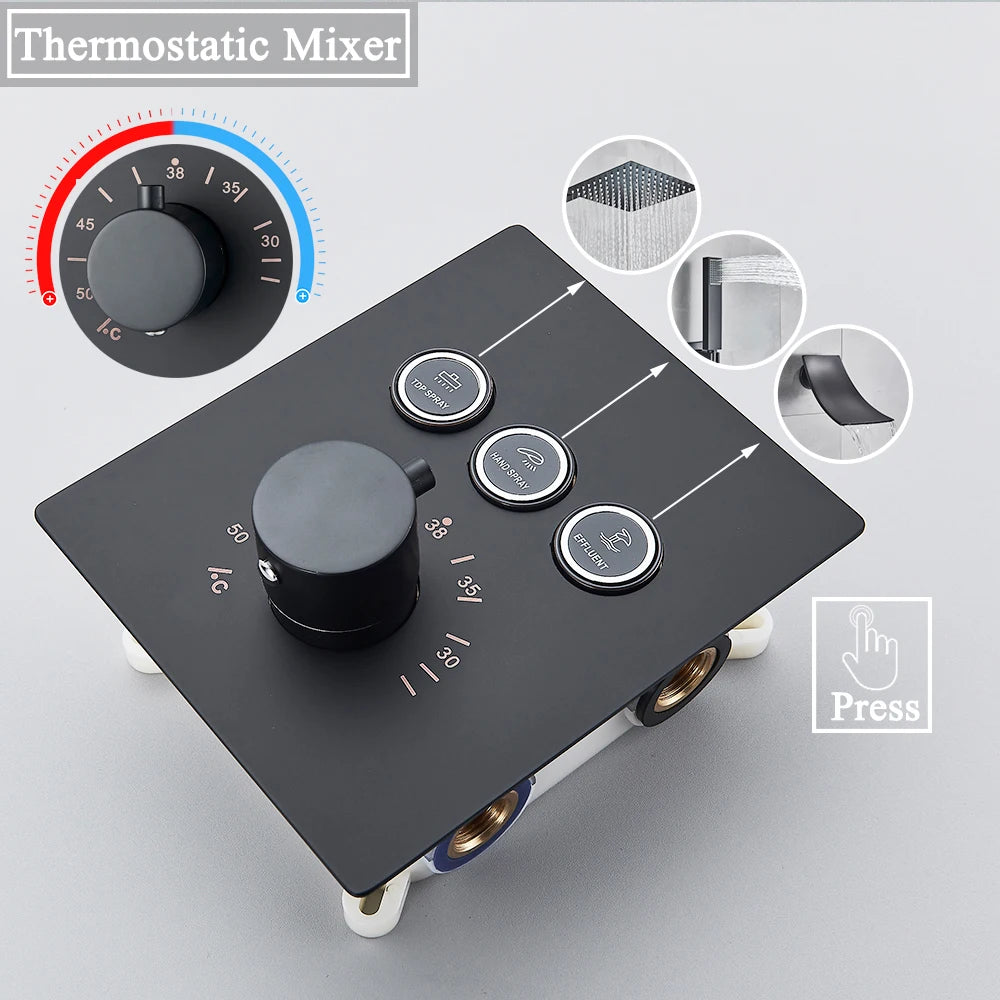 Matte Black Way Thermostatic Mixer Valve Bathroom Concealed