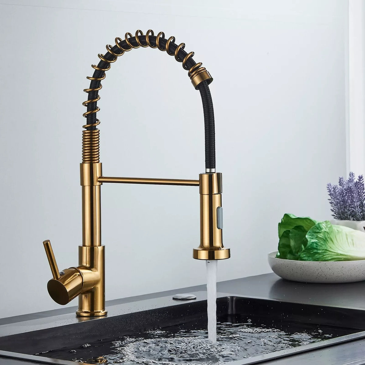 Brushed Gold Sink Faucet One Handle Spring Cold