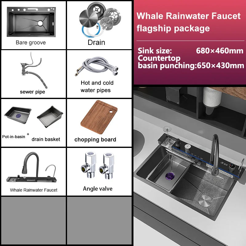 Stainless Steel Sink Digital Display Waterfall Large Slot
