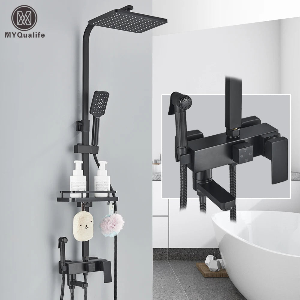 Black Brass Shower Faucet Rainfall Bathtub Tap Bathroom