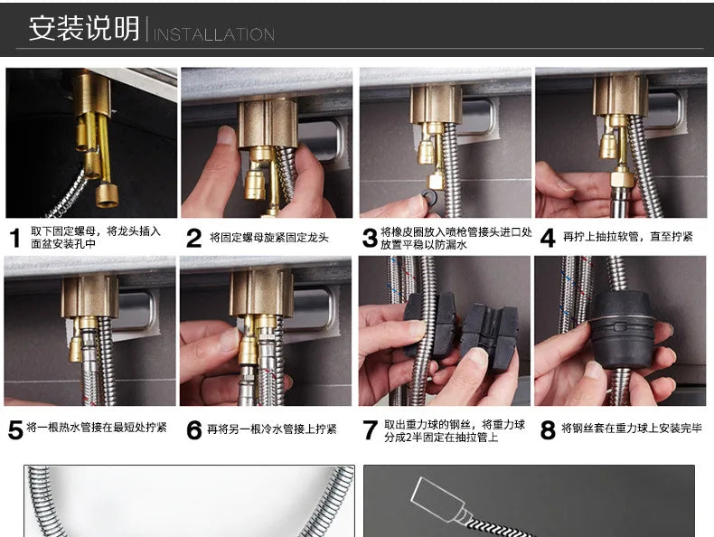 Gold Bathroom Ceramic Handle Basin Faucets Pull Out