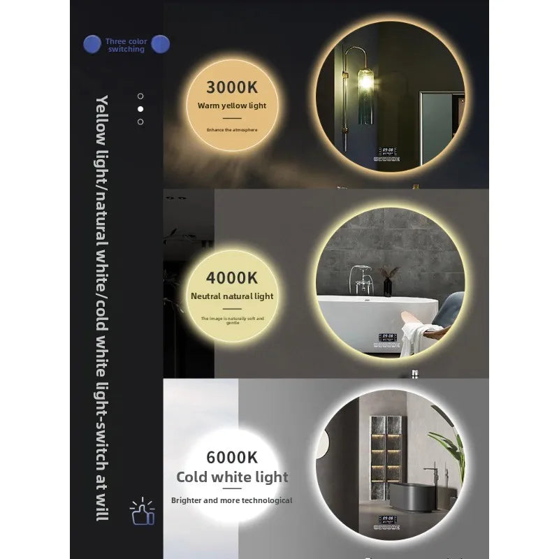 Round Smart Bathroom Mirror Wall-Mounted Led Light Touch
