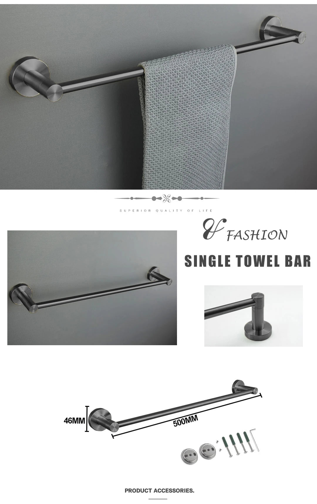 Grey Bathroom Hardware Kit Stainless Steel Round Wall