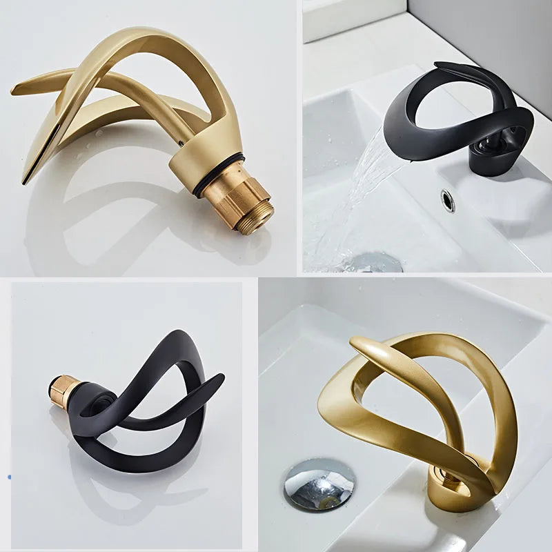 Black Bathroom Basin Taps Handle Waterfall Faucet Solid