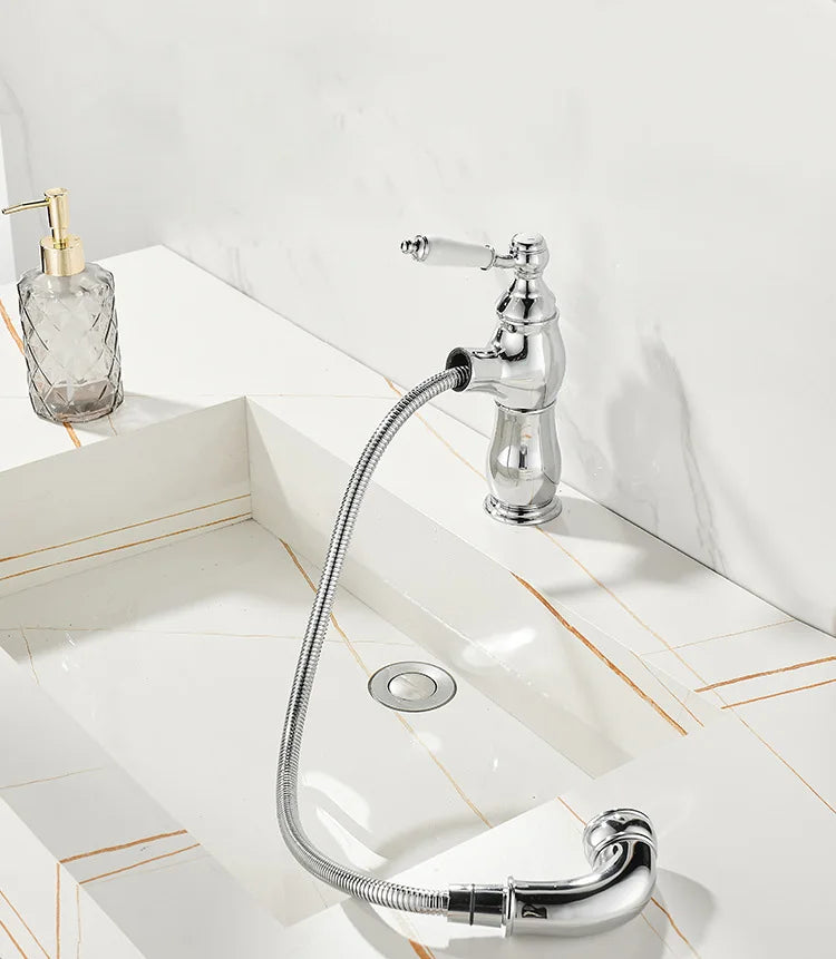 Gold Bathroom Ceramic Handle Basin Faucets Pull Out