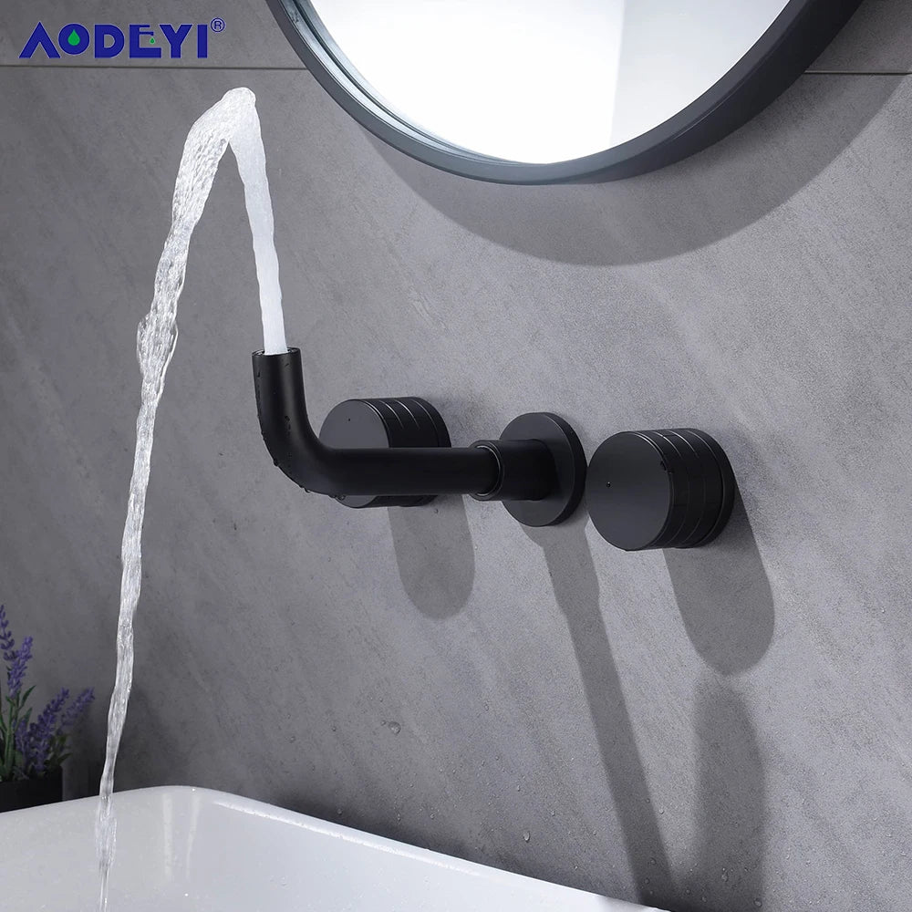 Black Bathroom Faucet Brass Double Lever Wall Mounted