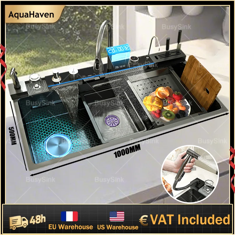 Stainless Steel Waterfall Sink Digital Display Large Slot