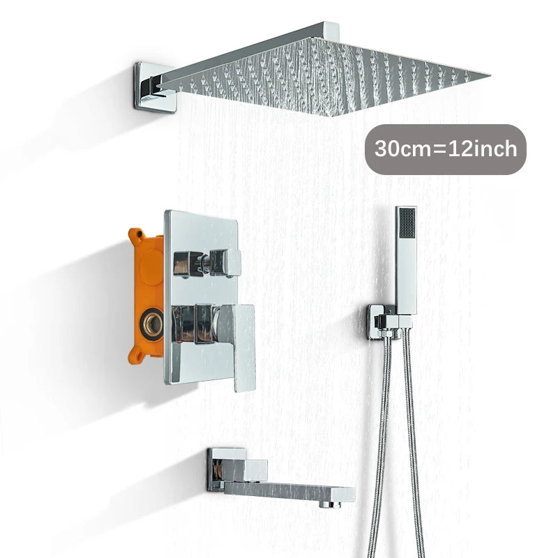 Chrome Concealed Bathroom Rain Waterfall Shower Faucets Wall