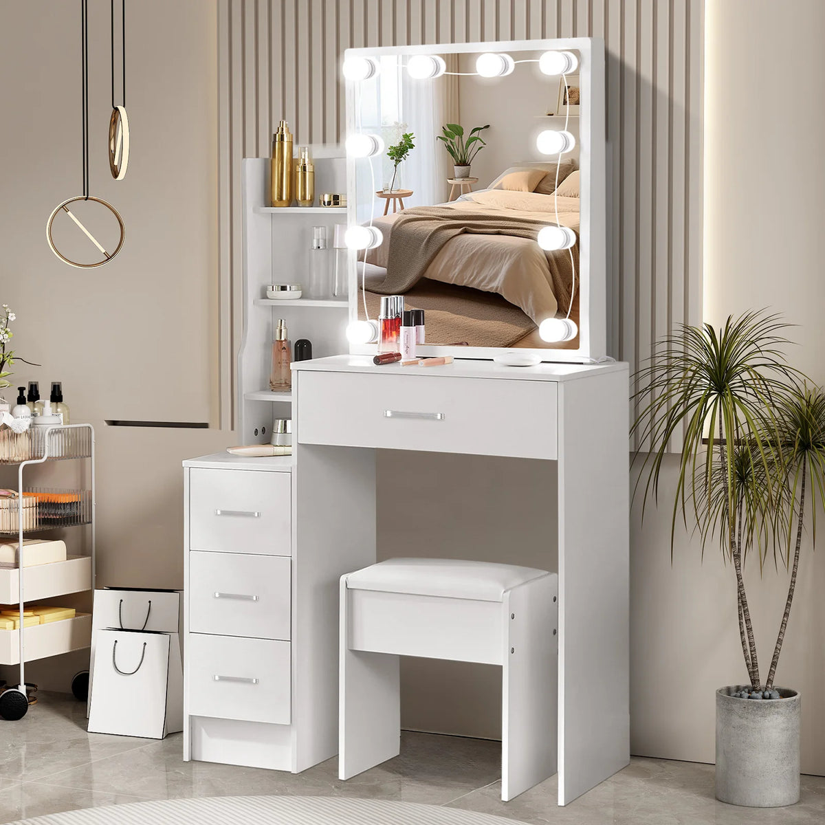 White Makeup Dressing Table W/ Lights Sliding Mirror