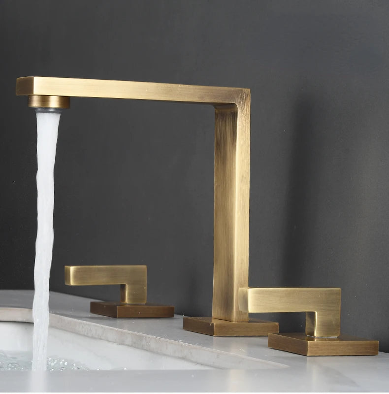 Brushed Gold Basin Faucet Solid Brass Three Hole