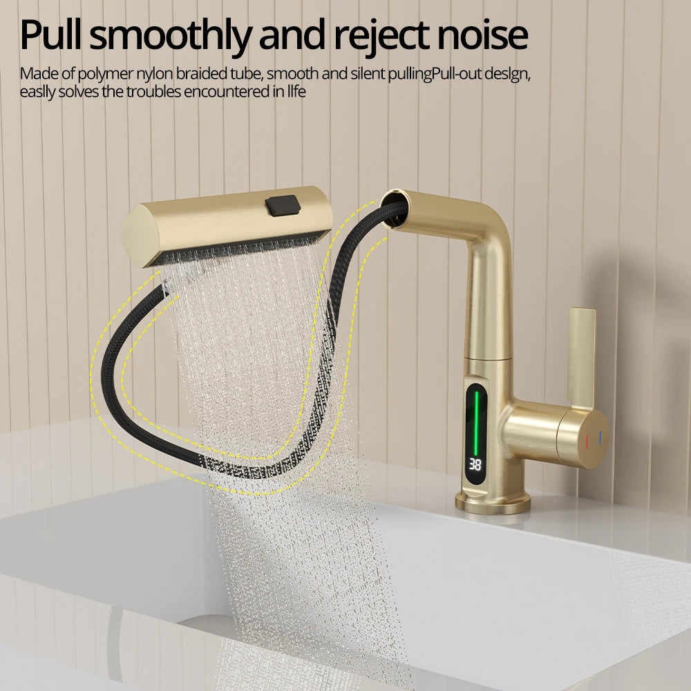 Brushed Gold Basin Faucet Lifting Pull Down Digital