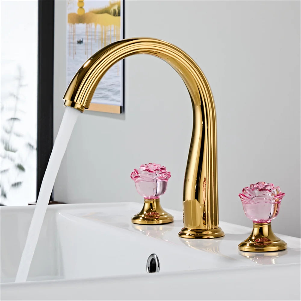 Gold Red Rose Basin Faucet Widespread Sink Tap
