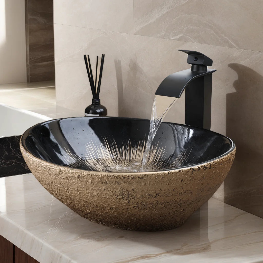 Kemaidi Oval Vessel Sink Faucet White Marbling Bathroom