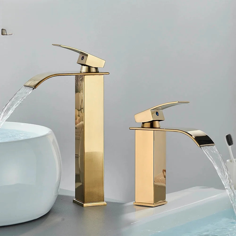 Brushed Golden Basin Faucets Elegant Waterfall Bathroom Sink