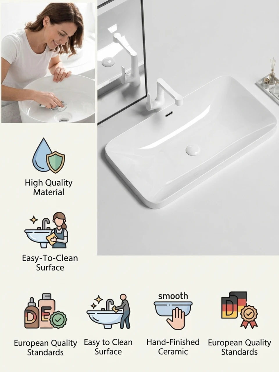 Rectangular Semi Recessed Ceramic Wash Basin Bathroom Countertop