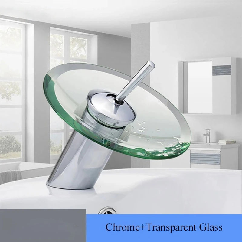 Colorful Glass Waterfall Bathroom Basin Sink Faucet Chrome