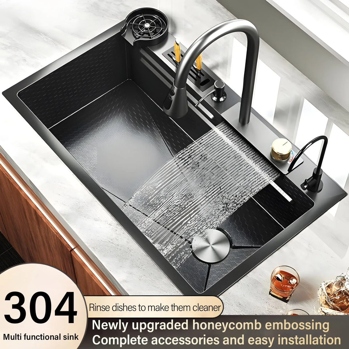 Embossed Honeycomb Flying Rain Waterfall Sink Handmade 304