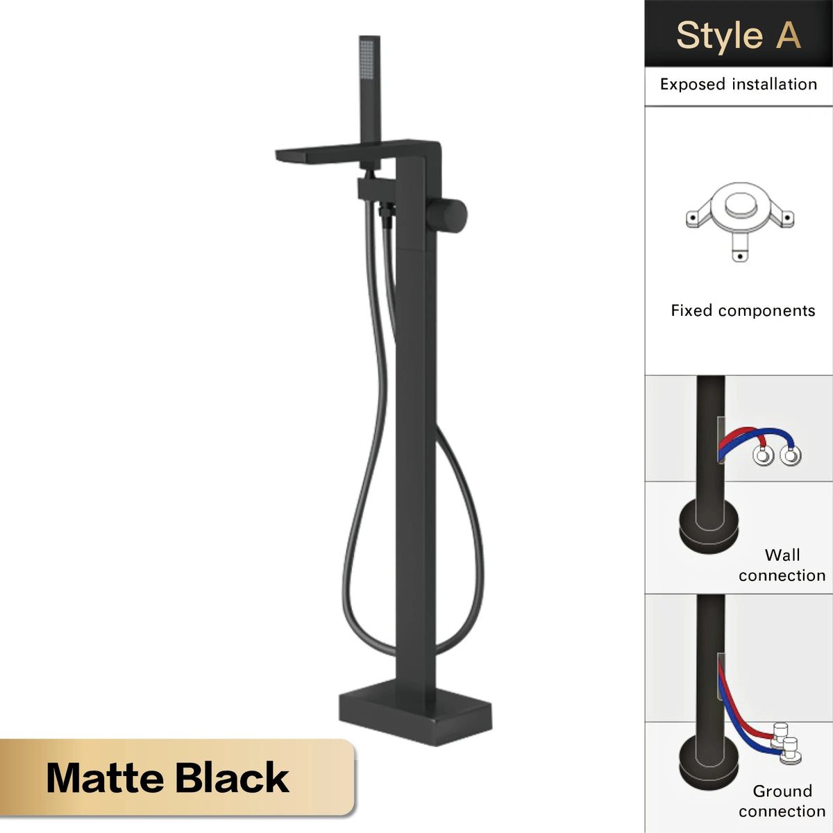 Luxury Black Brass Bathroom Faucet Floor Standing Design