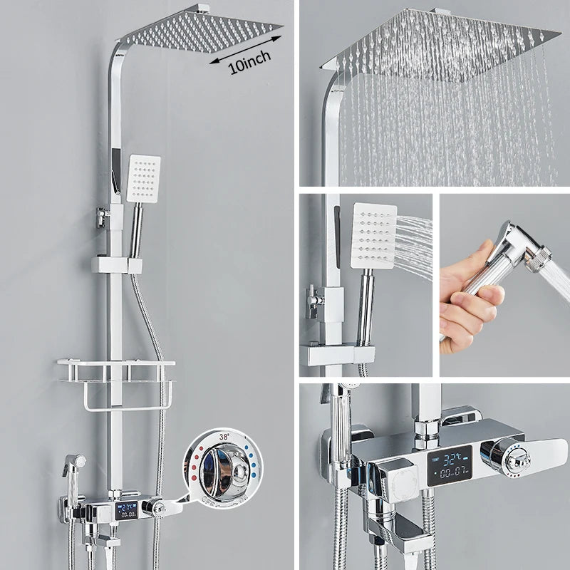 Black Digital Display Thermostatic Shower Faucets Rainfall Shower