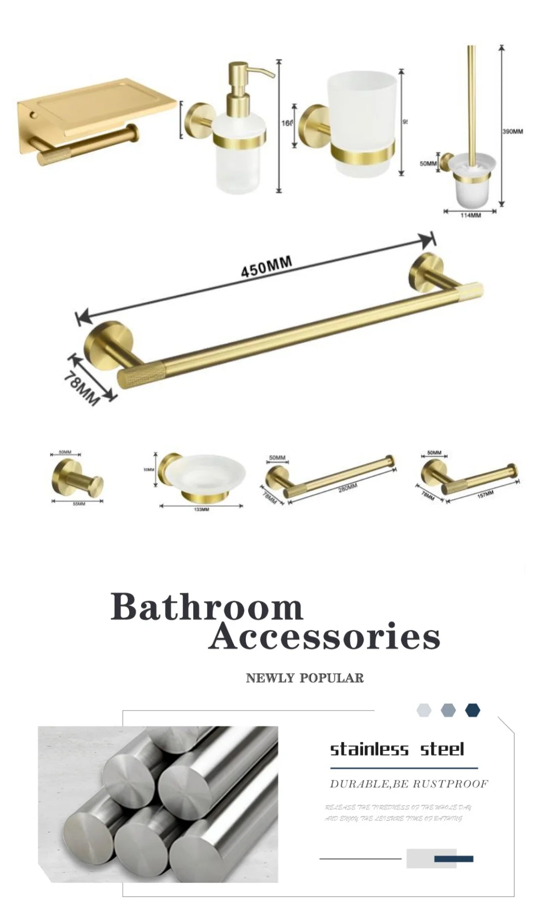 Bathroom Hardware Brushed Gold Knurled Brass Kit Towel