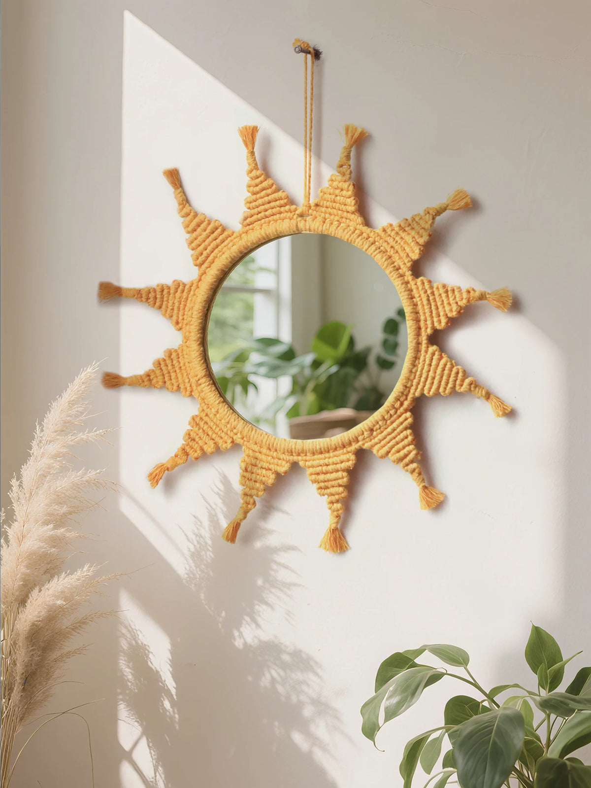 Handmade Yellow Sun Wall Mirror Boho Macrame Wall