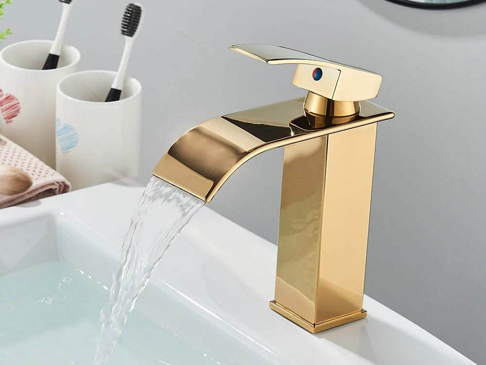 Brushed Gold Basin Sink Faucet Waterfall Outlet Vanity