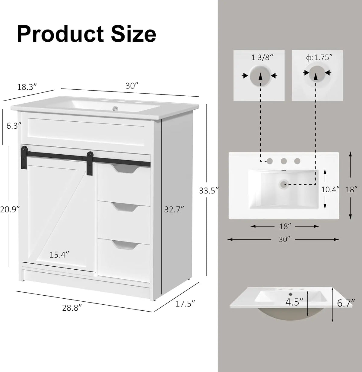 30 Bathroom Vanity Sink Farmhouse Cabinet White Sliding