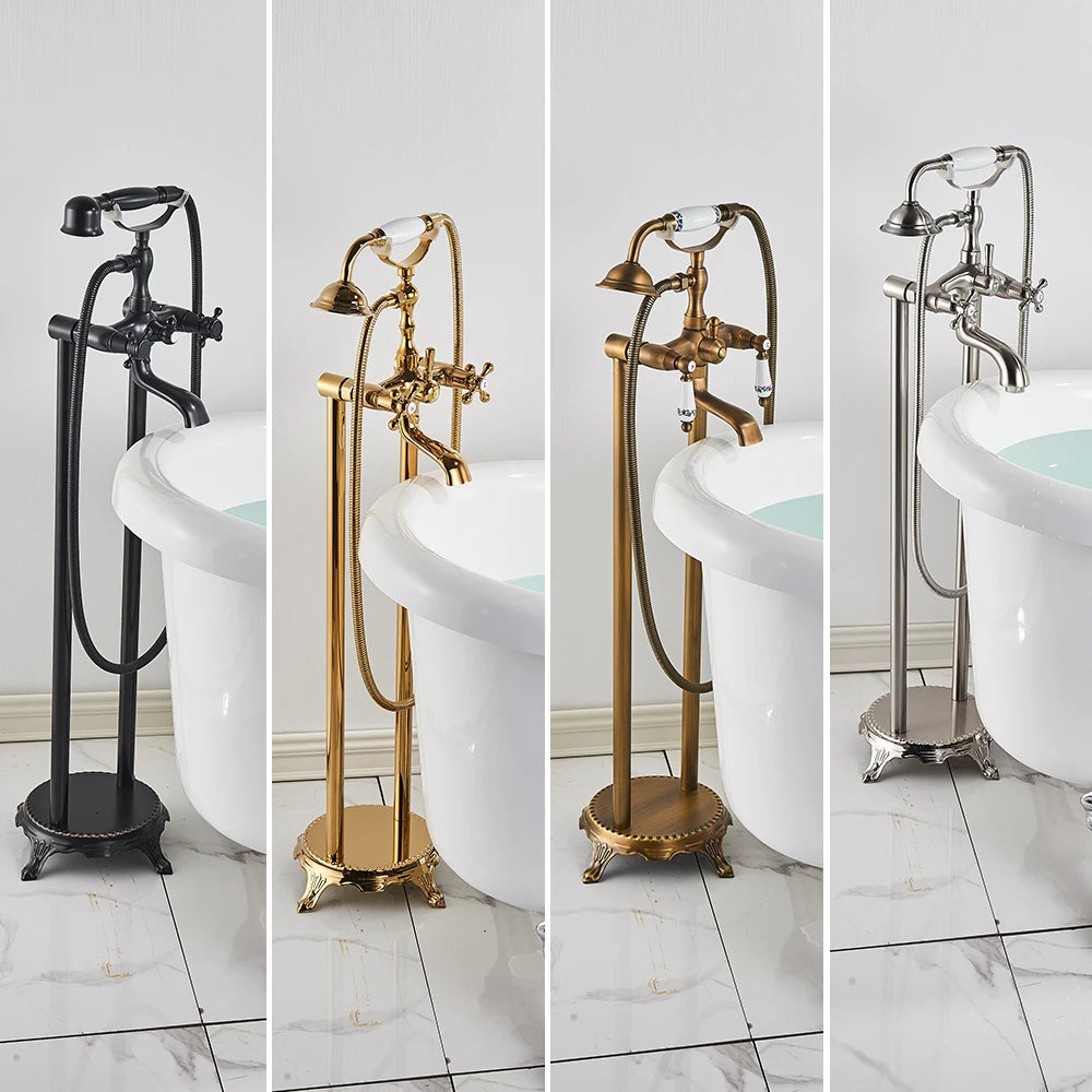 Antique Brass Floor Mounted Bathtub Shower Faucet Dual