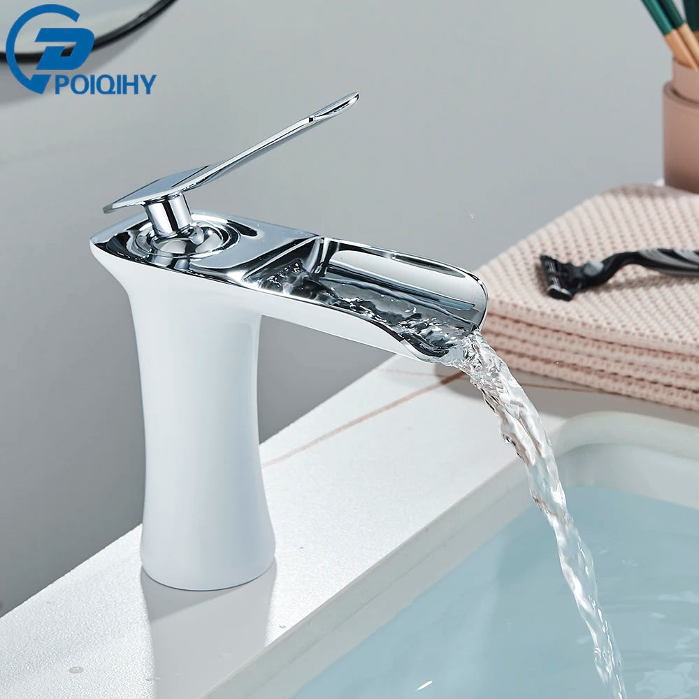 White Basin Faucet Waterfall Spout Bathroom Mixer Tap