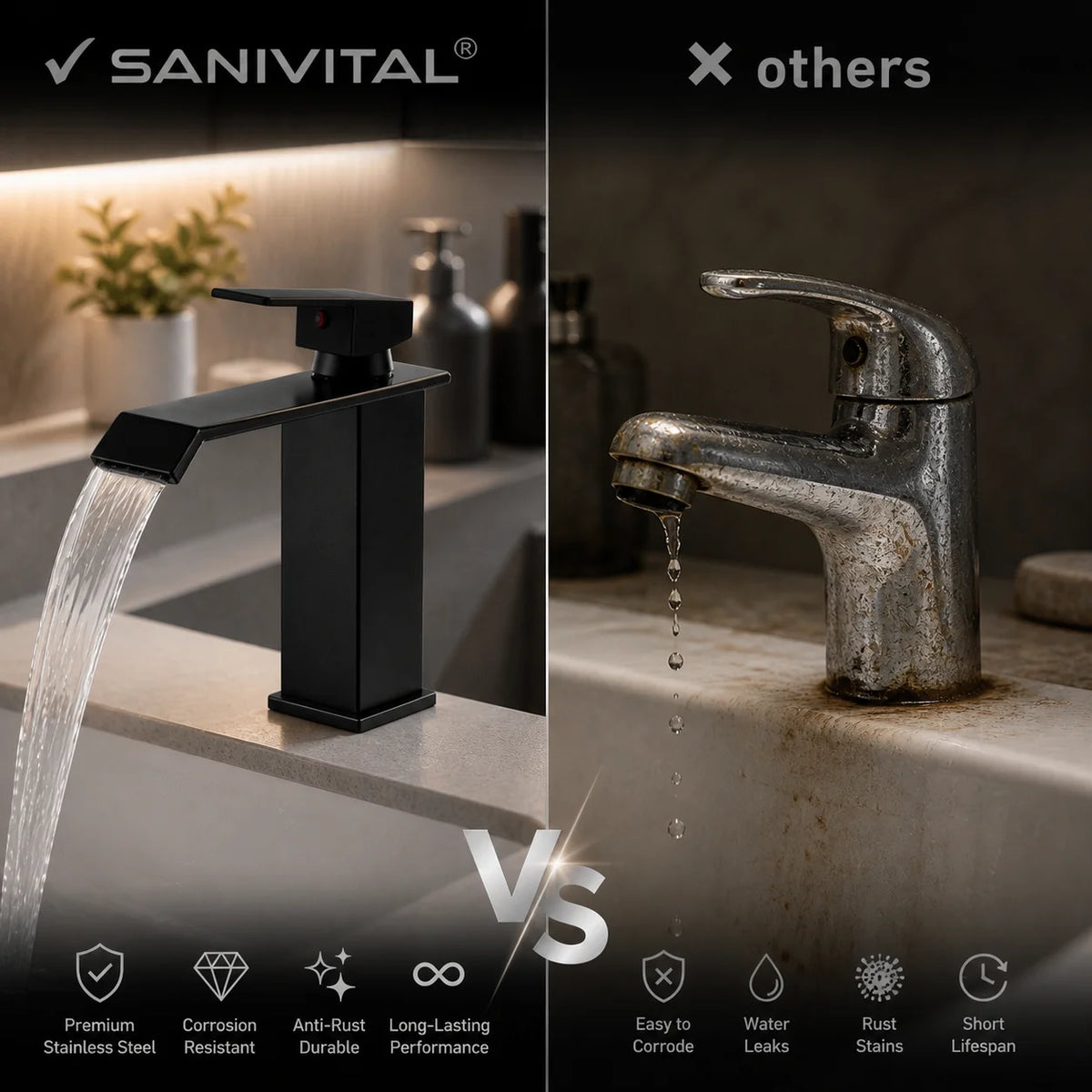 Sanivital Modern Matte Black Waterfall Basin Faucet Cold